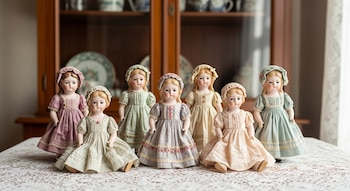 Siete muñecas de porcelana antiguas con vestidos en tonos pastel y gorros se exhiben sobre un mantel de encaje, con una vitrina de madera al fondo.