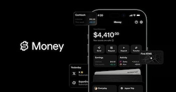 Smartphone con pantalla en modo oscuro que muestra una aplicación de finanzas con un balance de 4.410 dólares, iconos de envío y depósito, y un logo de Money