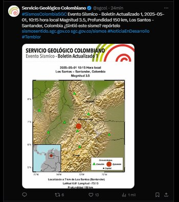 El Servicio Geológico Colombiano reportó un temblor en Los Santos, Santander. La magnitud fue de 3,5 puntos a 150 kilómetros de profundidad - crédito Servicio Geológico Colombiano