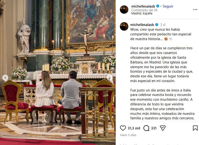 La modelo mostró fotografías inéditas de su ceremonia religiosa con Danilo Díaz Granados en la iglesia de Santa Bárbara de Madrid. (Instagram/ @michellesalasb)