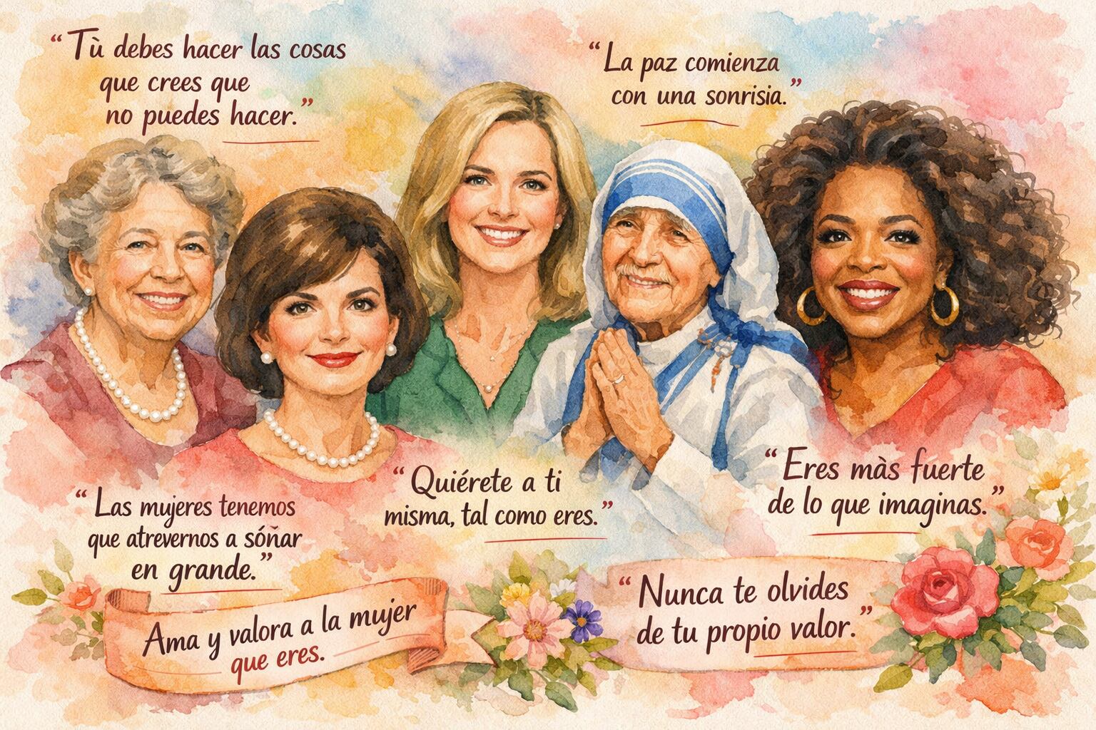 Una acuarela vibrante presenta a Eleanor Roosevelt, Jacqueline Kennedy, Kristin Neff, la Madre Teresa y Oprah Winfrey con frases motivadoras que celebran la fortaleza y el amor propio femenino en el Día de la Madre. (Imagen Ilustrativa Infobae)