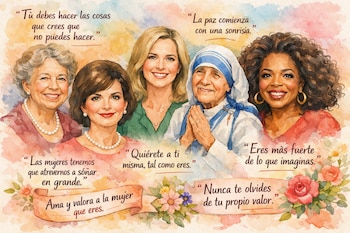 Acuarela de Eleanor Roosevelt, Jacqueline Kennedy, Kristin Neff, Madre Teresa y Oprah Winfrey, sonriendo. Incluye citas motivadoras sobre fortaleza y amor propio.