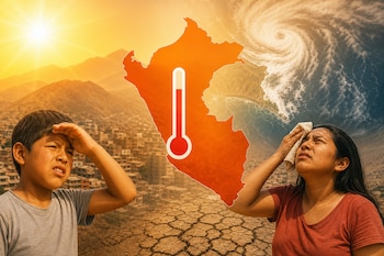 Un niño y una mujer se cubren del calor ante el mapa de Perú con un termómetro, tierra seca y un remolino marino.