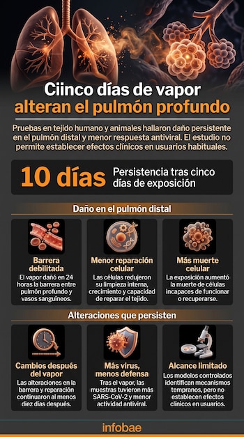 Infografía con ilustraciones de pulmones y células, cuadros explicativos sobre los efectos del vapor y el logotipo de Infobae.