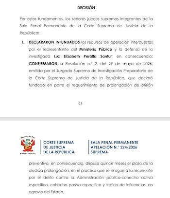 Documento judicial de la Corte Suprema de Justicia de la República de Perú con el sello del Poder Judicial y el texto de una decisión