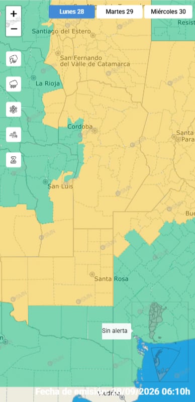 La alerta amarilla por tormentas, emitida por el SMN, afecta a casi toda la provincia de Córdoba