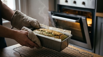 Manos con guantes beige sostienen un molde metálico con un bizcocho humeante sobre una rejilla de metal frente a un horno abierto.