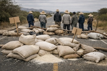 Una carretera rural bloqueada por sacos de arroz apilados y granos esparcidos. Al fondo, siete personas con sombreros de ala ancha de espaldas.