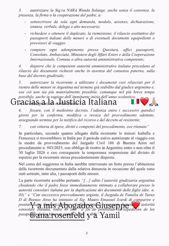 Documento legal con texto en italiano, encabezado por números y frases en español, y emojis de bandera de Italia, corazones y manos rezando