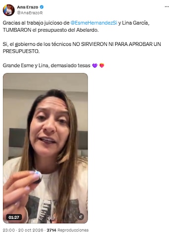 Ana Erazo atribuyó a Esmeralda Hernández y Lina García la caída del presupuesto - crédito @AnaErazoR/X
