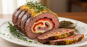 Colita de cuadril rellena de queso, jamón y morrón, cortada y servida en un plato blanco con romero y perejil fresco, junto a un recipiente de salsa verde.