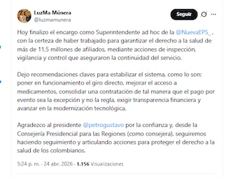 Luz María Múnera informó que finalizó su cargo como superintendente ad hoc de la Nueva EPS - crédito @luzmamunera/X
