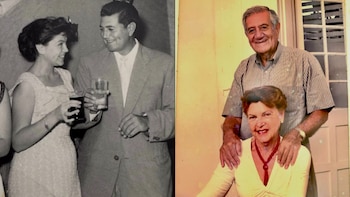 Dos imágenes de una pareja: a la izquierda en blanco y negro durante su juventud y a la derecha en color durante su adultez mayor