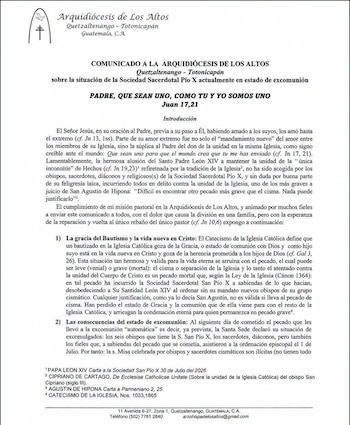 Comunicado de la Arquidiócesis de Los Altos Quetzaltenango-Totonicapán.
