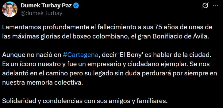 Dumek Turbay destacó la relevancia de Bonifacio Ávila para la ciudad. - crédito @dumek_turbay/X