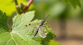 Un insecto con cuerpo verde y negro, alas transparentes y antenas largas se posa sobre una hoja verde con gotas de líquido. El fondo es verde y marrón desenfocado.