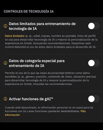 Interfaz en modo oscuro con tres interruptores sobre el uso de datos personales y la activación de funciones de inteligencia artificial en Grindr
