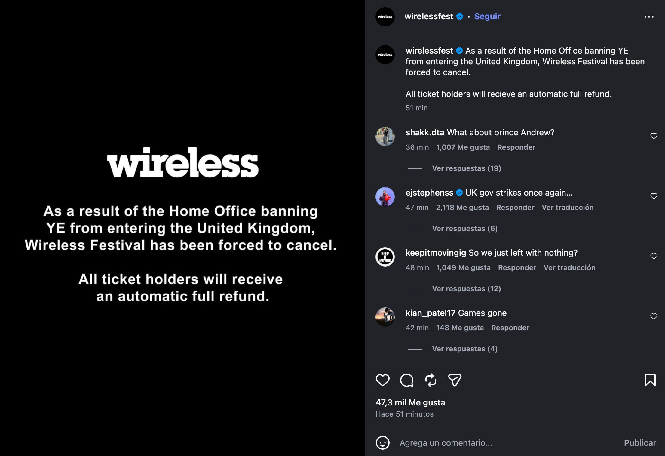 El Wireless Festival de Londres, uno de los eventos de música urbana más importantes de Europa, fue cancelado en su totalidad tras el veto de entrada a Ye al Reino Unido (Instagram)