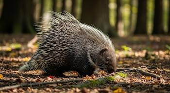 Un puercoespín de púas erizadas camina sobre el suelo de un bosque. El suelo está cubierto de hojas secas, ramas y musgo. Árboles desenfocados al fondo.