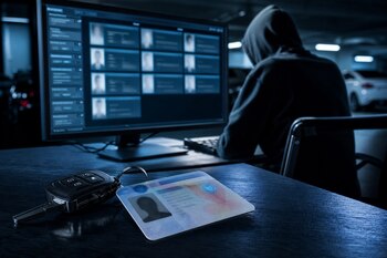 Licencia de conducir y llaves de automóvil sobre una mesa frente a una computadora con fichas de datos y un individuo con capucha.