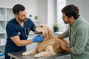 Un veterinario con guantes azules examina a un perro sobre una mesa metálica junto a un hombre en una clínica.