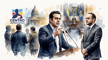 Ilustración: Rodrigo Lara Restrepo en podio, Alfredo Deluque. Congresistas, Capitolio Nacional, logo Centro Democrático, banderas de Colombia.
