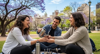 Tres jóvenes ríen mientras comparten mate en un parque de Córdoba. El hombre vierte agua de un termo en el mate, con árboles y edificios de fondo.