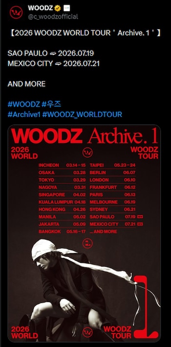 WOODZ confirma concierto en la Ciudad de México en 2026 como parte de su gira mundial Archive. 1, generando expectativa entre los fans del K-pop. (X/ @c_woodzofficial)