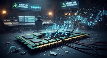 Un chip de memoria RAM agrietado en el centro, notas musicales flotando, cables desconectados, un estudio de grabación con pantallas y alertas de memoria baja.