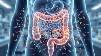Torso humano semitransparente con órganos internos como el intestino grueso, el intestino delgado y el estómago, rodeados por miles de bacterias coloridas.