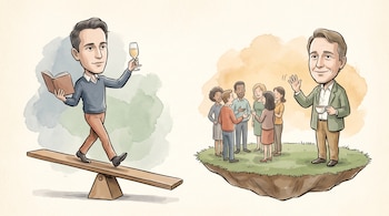 Dibujo de un hombre en equilibrio sobre una tabla con un libro y una copa, y otro hombre con una taza saludando a un grupo reunido.