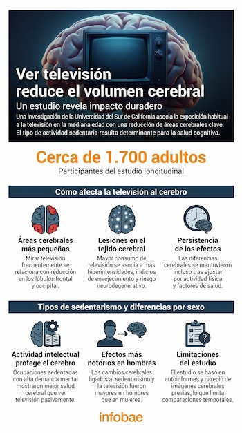 Imagen con infografía de un cerebro y un televisor antiguo, con paneles de texto e íconos sobre salud cerebral, sedentarismo y un logo.