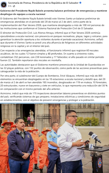 El director de Protección Civil, Luis Alonso Amaya, destaca la reducción de víctimas mortales en accidentes viales con respecto a la Semana Santa anterior en El Salvador.(Cortesía: Secretaría de Prensa de El salvador)
