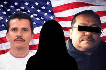 Montaje fotográfico de "El Mencho" (izquierda), Antonio Oseguera (derecha) y una silueta oscura, con la bandera estadounidense de fondo.
