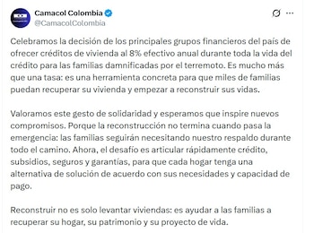 Camacol señala que la reconstrucción no termina cuando pasa la emergencia - crédito @CamacolColombia/X