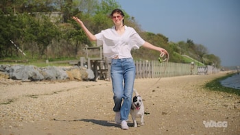 Una mujer con gafas de sol, camisa blanca y pantalones vaqueros azules camina por una playa de arena con un perro blanco y negro atado a una correa