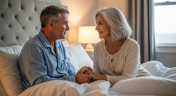 Hombre y mujer de unos 60 años, con cabello canoso, sentados en la cama tomados de las manos y mirándose con cariño en un dormitorio bien iluminado.