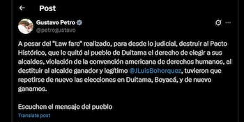 Gustavo Petro celebró la victoria de la nueva alcaldesa de Duitama en su cuenta de X - crédito @petrogustavo