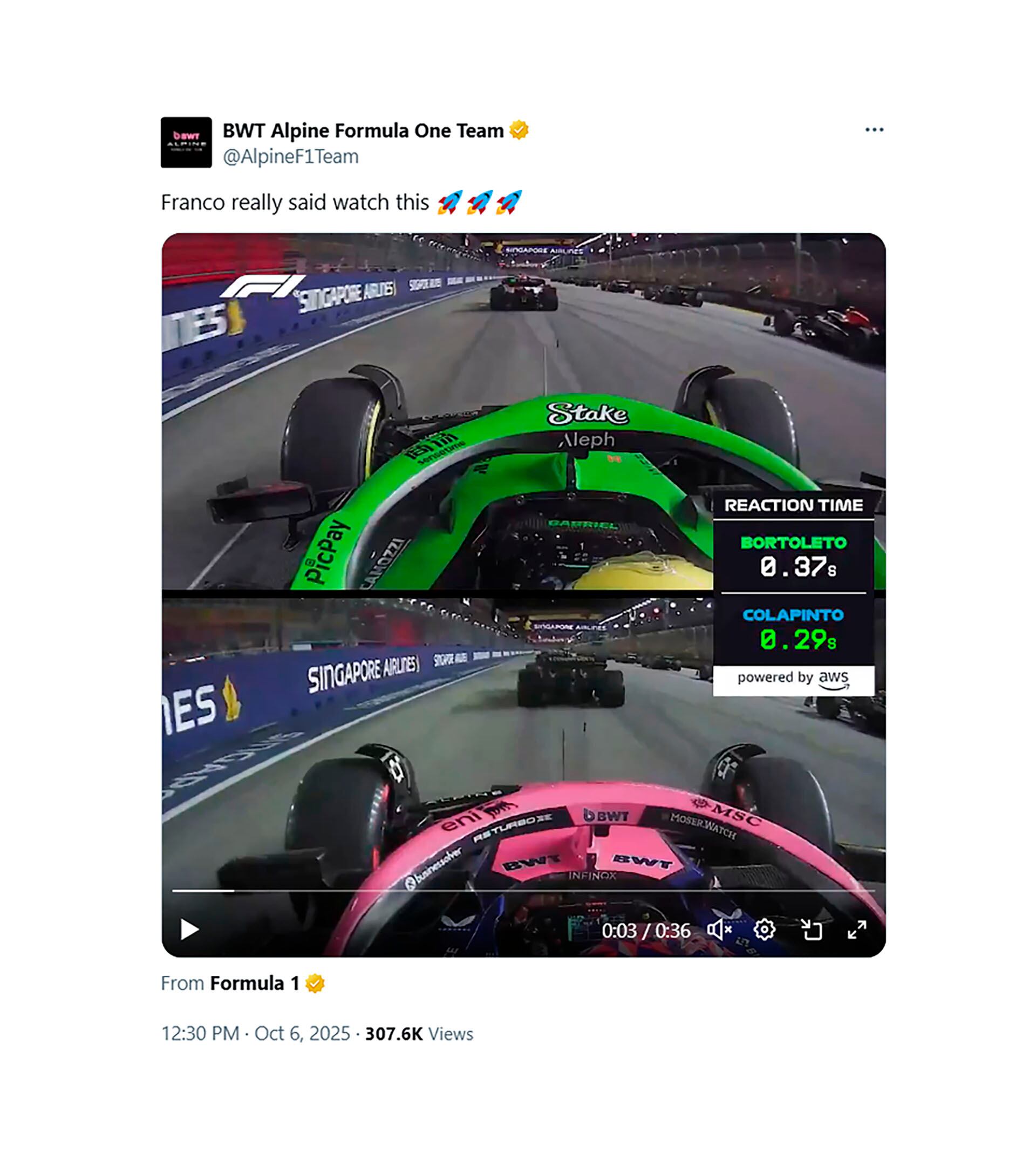 El posteo de Alpine tras el video de la largada de Colapinto