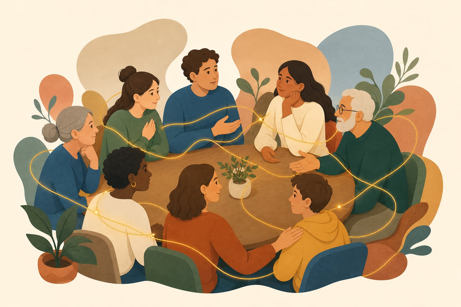 Un grupo de personas de distintas edades conversa alrededor de una mesa en una ilustración para una campaña de concienciación sobre la salud mental. (Imagen Ilustrativa Infobae)
