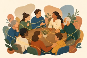 Una ilustración vectorial de personas de distintas edades sentadas alrededor de una mesa redonda, conectadas por líneas doradas brillantes.