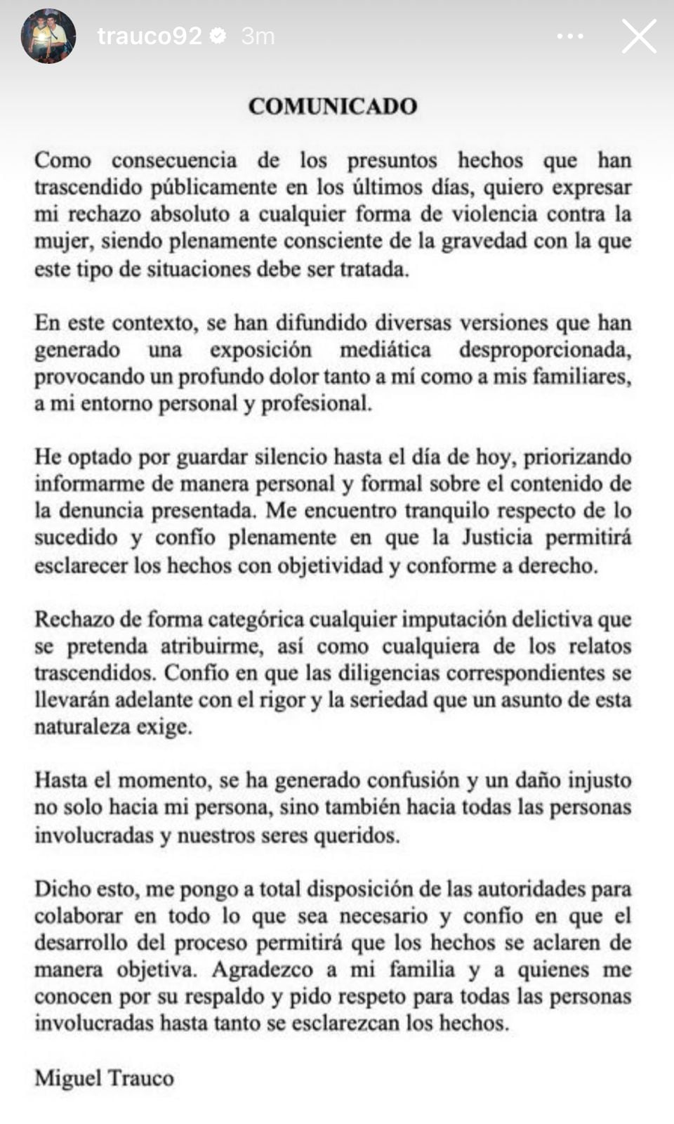 Miguel Trauco y su pronunciamiento luego de haber sido denunciado de violencia sexual por una ciudadana argentina. Crédito: Instagram Miguel Trauco.