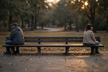 Dos personas adultas están sentadas en los extremos de un banco de madera en un parque, con árboles y hojas caídas, bajo la luz del atardecer.
