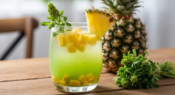 Vaso de vidrio con bebida verde, trozos y rodaja de piña, adorno de alfalfa. Una piña entera y un atado de alfalfa reposan sobre una mesa de madera.