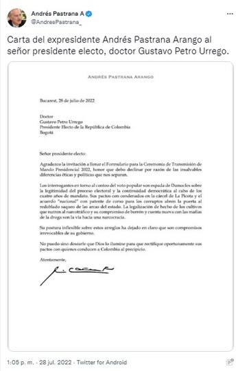 El expresidente Andrés Pastrana declinó
