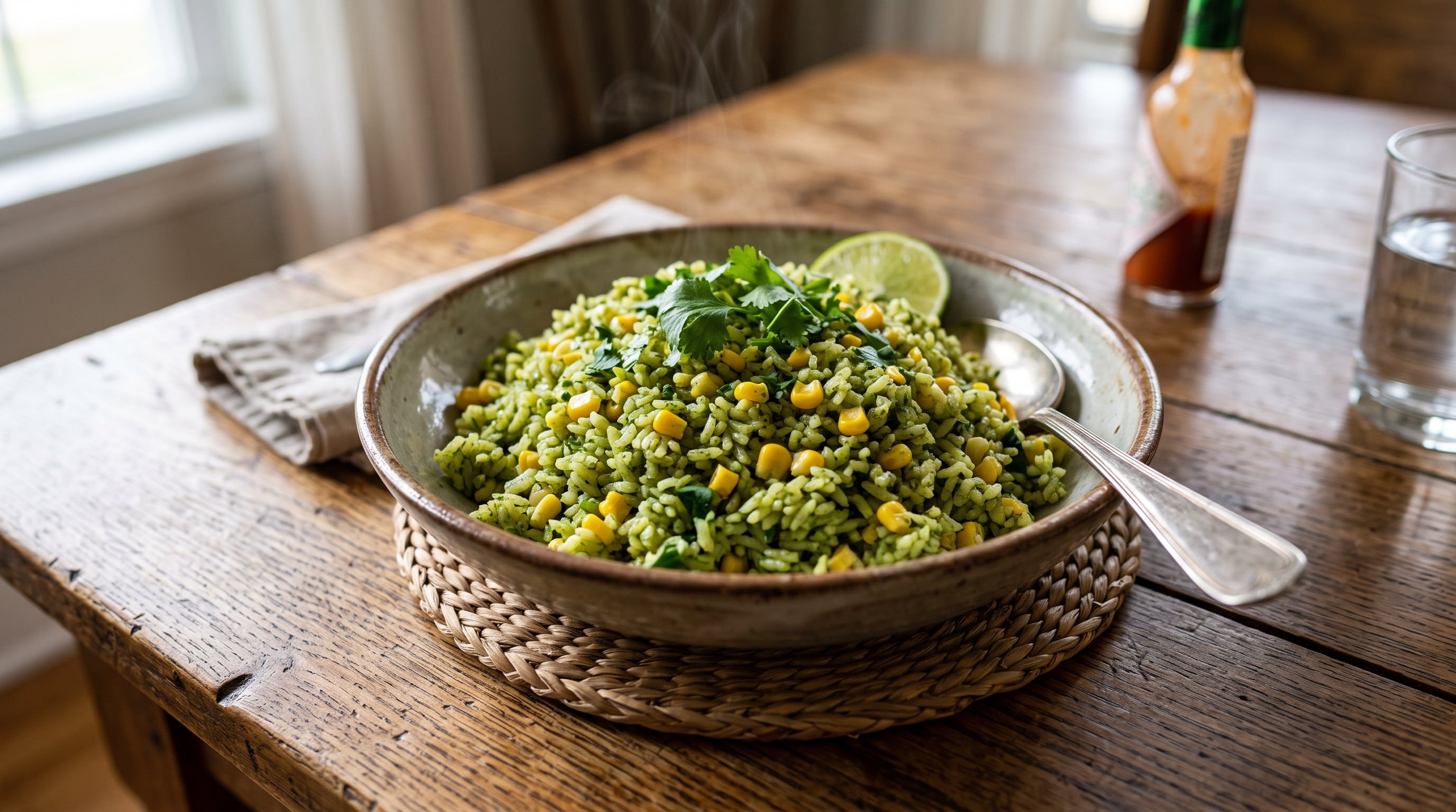 Un plato de arroz verde preparado con granos de elote, cilantro y una rodaja de lima reposa sobre un mantel individual tejido en una mesa de madera. (Imagen Ilustrativa Infobae)