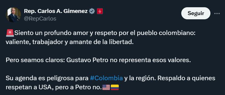 El congresista Gimenez aseguró que Gustavo Petro no representa el pueblo colombiano- crédito @RepCarlos/X