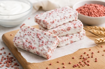 Varias barras blancas con granos rojos sobre un papel en una tabla de madera, con cuencos de yogur y cereales al fondo.