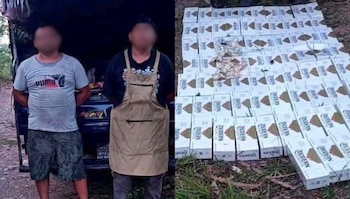 La Fuerza Armada entregó a la PNC a dos hombres tras decomisar 75 paquetes de mercancía de contrabando en Poza Redonda, Cabañas Este. (Cortesía: Fuerza Armada de El Salvador)