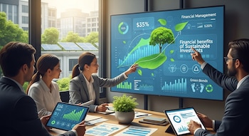 Cuatro ejecutivos en una sala de reuniones moderna observan una pantalla grande con gráficos de gestión financiera y sostenibilidad, con paneles solares afuera.